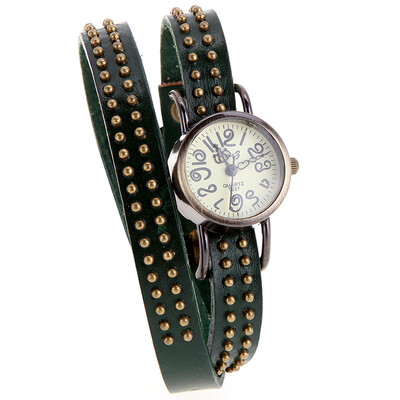 

Vintage Quartz Wrist Watch Rivets Round Bronze Wrap Strap Bracelet Genuine Cow Leather H9359