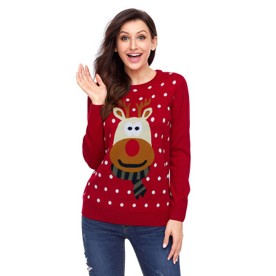 

PREISEI 2018 Autumn Winter Sweet Casual Reindeer Polka Dot Pullover O-Neck Long Sleeve Straight Christmas Sweater Women PR27695