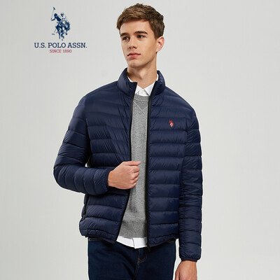 

US POLO ASSN Mens Down Jacket Short Stand Collar Slim Warm Solid Color Thin Jacket American Casual Light Down Jacket AYRMD-58515 Tibetan Blue L175
