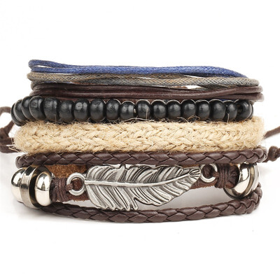 

New Fashion Bead Leather Bracelets & bangles for Woven 34 pcs 1 Set Multilayer Wristband Vintage Handmade Bracelet Men Pulseira