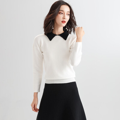 

Langyue Womens 2018 Autumn New Korean Solid Color Knitwear Female Doll Collar Slim Slim Long Sleeve Shirt LWYC188149 White