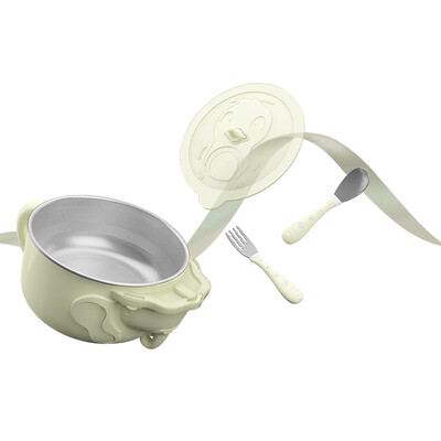 

Pollock bololo childrens tableware baby anti-fall bowl sucker bowl baby water insulation bowl complementary food bowl spoon set green lotus green