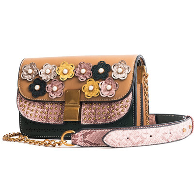 

FASHION WOMAN HOLLOW OUT PEARL RIVETS BRONZE CLOSURE SHOULDER CROSS BODY HAND BAG CLUTCH