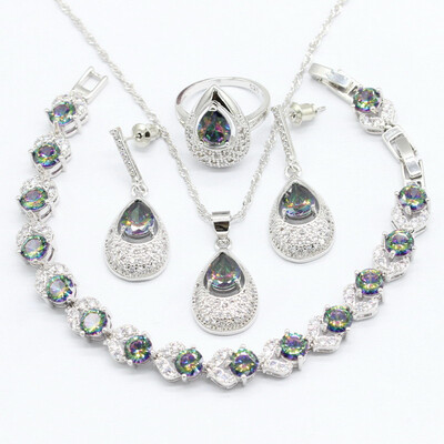 

Multi Color Rainbow 925 Silver Jewelry Sets For Women Red Semi-precious Necklace Pendant Bracelets Earrings Rings