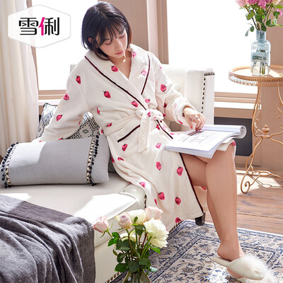 

Snowy autumn&winter coral velvet pajamas female Korean version of the cute woman thin section flannel nightgown sweet home bathrobe white L