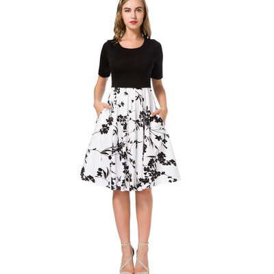 

Elegant Women Patchwork Dress Sexy Night Club Party Wrap Tight Dresses O Neck Printing Floral Dresses