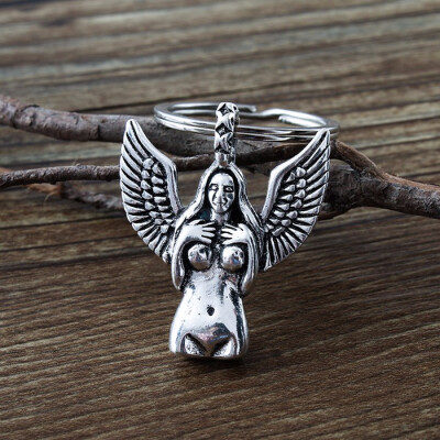 

New Body art female nude key chain antique silver statue of liberty angel wings key pendant