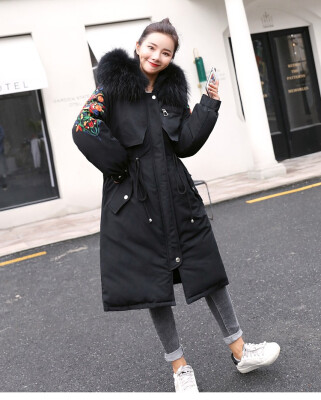 

Europe station embroidery colorful oversize wool collar down jacket womens long new winter fashion casual jacket