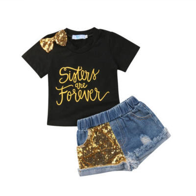 

Fashion Baby Girl Kid Bowknot T-shirt TopsSequin Denim Shorts Pants Clothes UK