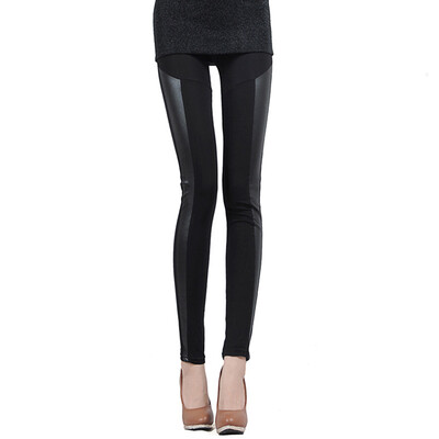 

Korean Sexy Women Leggings PU Leather Patchwork Stretchy Elastic Waist Trousers Tights One Stripe