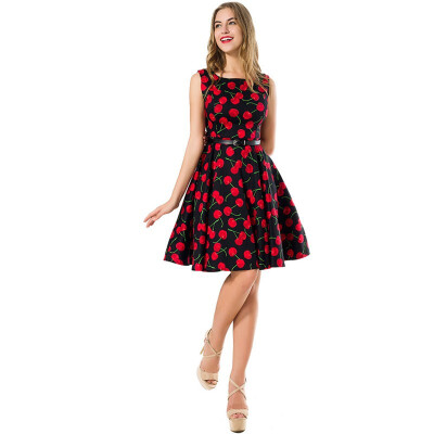 

Vintage Womens Party Dress Summer Belted Fit Flare Print Floral Swing O Neck Polka Dots Female Robe Dresses