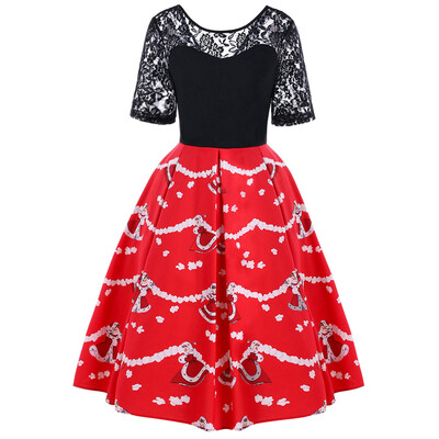

Christmas Lace Yoke 50s Swing Dress