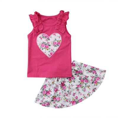 

Toddler Kid Baby Girls Outfits Clothes Heart T-shirt TopsFloral Skirt 2PCS Set