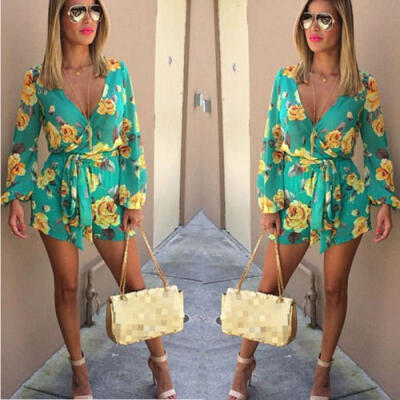 

Womens Floral Clubwear Playsuit Bodysuit Party Jumpsuit Romper Chiffon Shorts UK