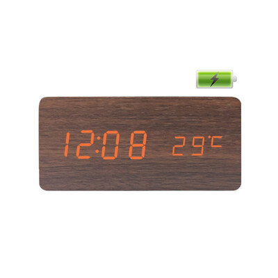 

Wood Voice Control LED Digital Alarm Clock With Storage Battery calendar USBBrown