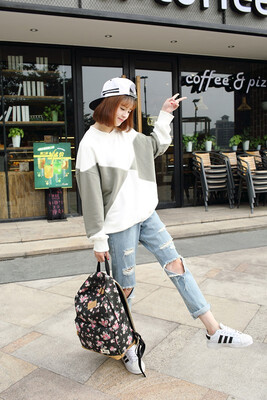 

New fashion canvas backpack female small floral middle school student bag computer travel backpack female