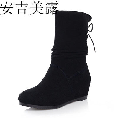 

安吉美露秋冬新款鞋休闲内增高女靴子坡跟中跟大码小码短靴平底靴33-40 41 42 43