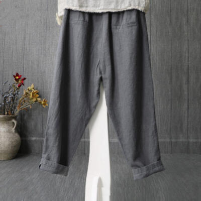 

AU Mens Elastic Waist Soft Cotton Linen Long Pants Ladies Fit Casual Trousers