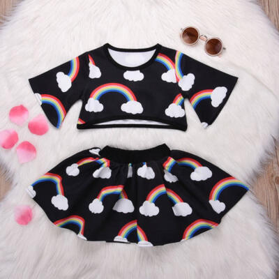 

Toddler Kids Baby Girls Outfits Floral Clothes Rainbow Shirt TopsTutu Dress Set