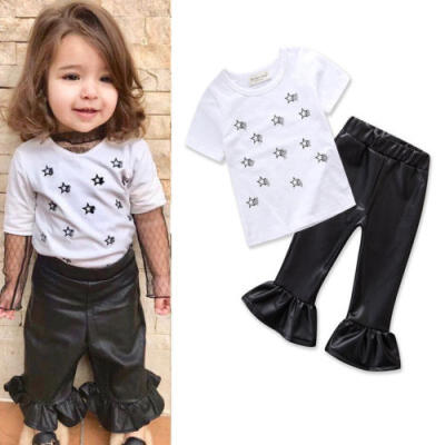 

Children Toddler Kids Baby Girls Tops T shirtPU Leather Pants 2pcs Outfits Set