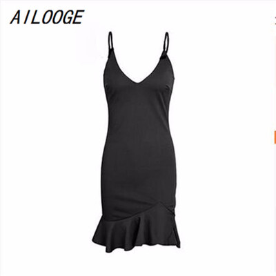 

Sexy v neck ruffle strap mini dress women Skinny black mermaid dress 2018 Summer dress bodycon party vestido