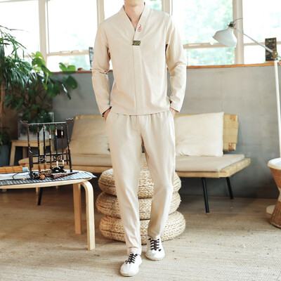

Large size casual pants Chinese style T-shirt Korean version of the loose suit male