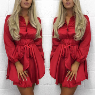 

US Xmas Womens Summer Silk Long Sleeve Party Evening Cocktail Short Mini Dress