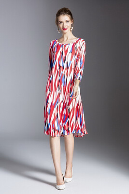 

Fashion Women Floral Print Summer Long Dress Short Sleeve Round Neck Loosen Waist Casual Dress