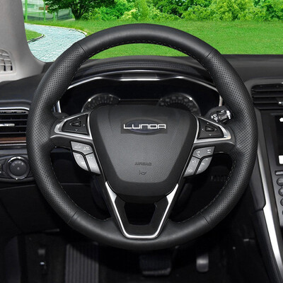 

LUNDA Black Leather Car Steering Wheel Cover for Ford Fusion Edge 2015 2016 Mondeo 2013 2014 hand-stitched steering wheel cover