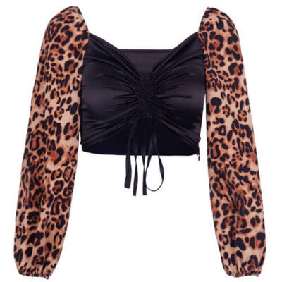

Fashion Womens Leopard Print Sexy Long Sleeve Crop Tops Ladies Bandage Blouse