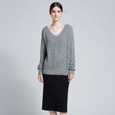 

PREISEI Fashion Autumn Winter Women Sexy Open Back Casual Loose Knitted V-Neck Long Sleeve Sweater Pullover Mujer
