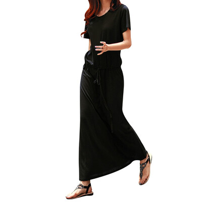 

Women Lady Short Sleeve Round Neck Casual Solid Plus Long Maxi Dress Summer US