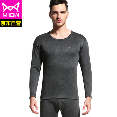 

Cat people thermal underwear men plus velvet thickening youth round neck autumn clothing long pants thick section bottoming warm set SQF206001 hemp gray round neck 180105