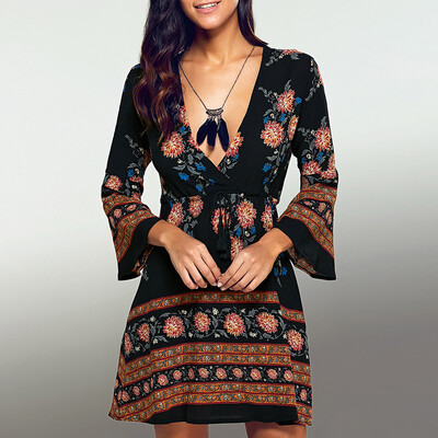 

Long Sleeve Deep V A Line Floral Dress