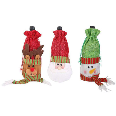 

UpperX 3pcs Christmas Wine Bottle Bag Gift Wrap Drawstring Pouch Santa Deer Snowman Pattern