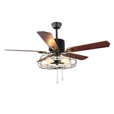 

Baycheer HL452642 Industrial ceiling fan light with pull chain Retro restaurant home LED live fan chandelier wood leaf remote cont