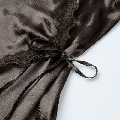 

New Fashion Women Cardigan Dress Solid Color Self-tie Laciness Irregular Hem Mini Dress Coffee