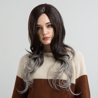 

BLONDE UNICORN 18 Inch Loose Wave Synthetic Women Long Hair Wig Middle Part Two Tones Black Root Ombre Grey Female Cosplay Wig