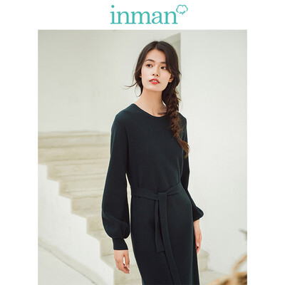 

INMAN 2018 winter new round neck with belt retro ladies long woolen dress female 1884451596 dark green XL