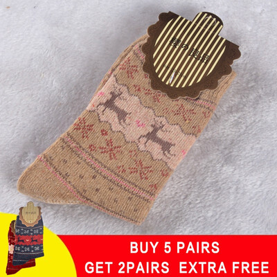 

5 pair Winter Women Socks Warm Wool Christmas Mid-calf Socks Woolen Snowflake Deer Comfortable Gift