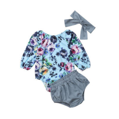 

US 3Pcsset Baby infant girls Blue long sleeve TopShort PantsHeadband outfits