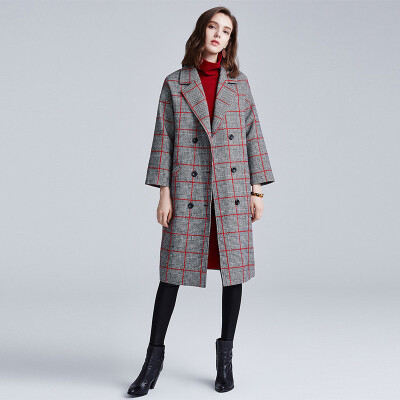 

Her pool womens 2018 autumn&winter new suit collar double-breasted British plaid long section ladies woolen coat woolen coat female T73H2704A1922L gray bottom red grid