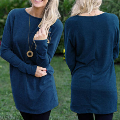 

UK Womens Autumn Long Sleeve Pure Casual T shirt Ladies Loose Tops Blouse Dress