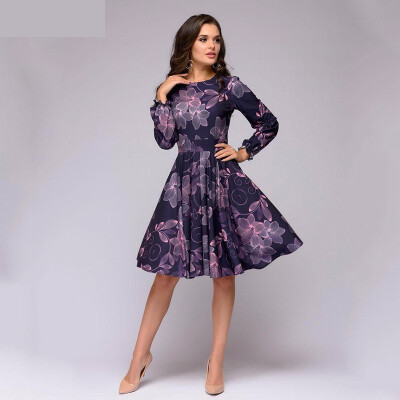 

Women printing A-line dress Elegant purple color ruffles long sleeve short dress New autumn winter vintage vestidos