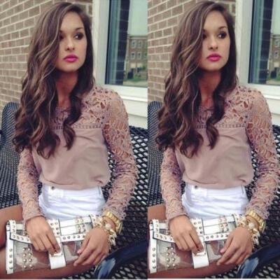 

Fashion Women Summer Loose Casual Chiffon Long Sleeve Lace T Shirt Tops Blouse