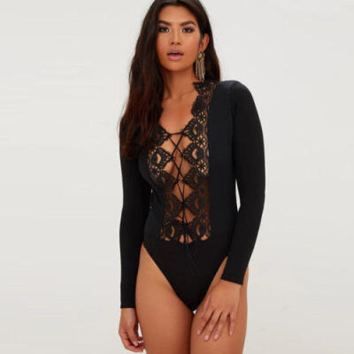 

Sexy Women Lace Long Sleeve V-neck Jumpsuit Bodysuit Bandage Blouse Leotard Tops