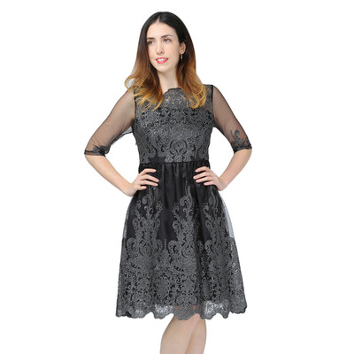 

Vintage Boat Neck 34 Sleeve Embroidery See-through Mesh A-line Women Dress