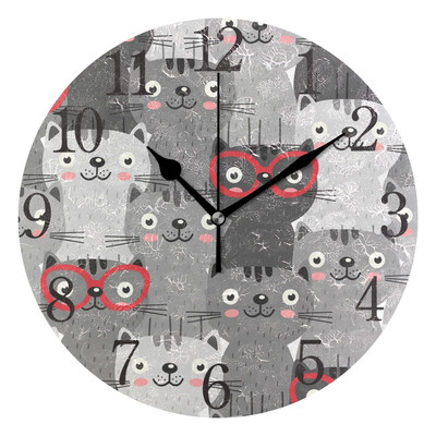 

Wall Clock Arabic Numerals Design Gray Cats In Red Round