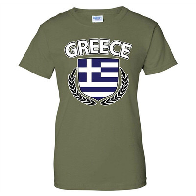 

Greece Flag Crest Olive Wreath Laurel Greek Pride Womens T-Shirt