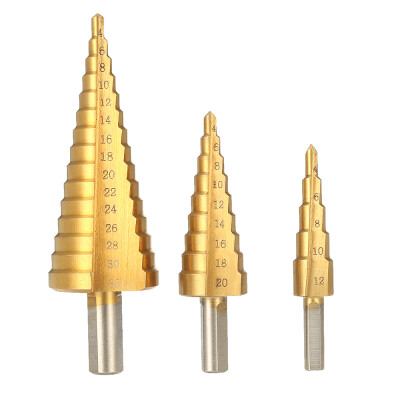 

3pcs HSS Titanium Coated Straight Flute Step Drill Bits Pagoda Drill Bit Set 4-124-204-32mm 14" Hex Shank Hole Cutter